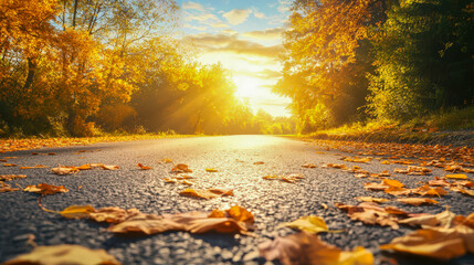 Wall Mural - A road with leaves on the ground and a bright sun in the sky