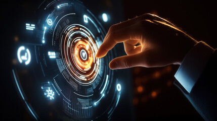 Wall Mural - businessman touching a digital security circle with icons on a virtual screen, a business technology