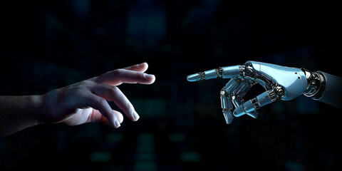 Fototapete - Cyborg finger about to touch human finger. Man hand going closer to robotic hand on black background. Generative ai robot hand