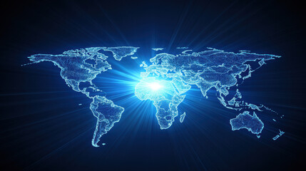 a digital world map glowing in blue light, representing global connectivity and technology's impact 