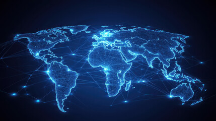 Wall Mural - abstract digital world map with glowing connections, in a blue color theme on a black background