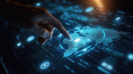 Wall Mural - close-up of a hand touching a digital map on a touch screen, a futuristic interface with a global ne