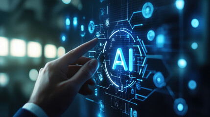 Wall Mural - businessman touching an ai icon with hologram text 