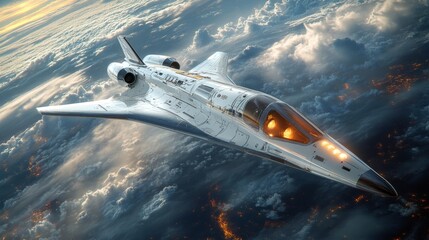Aufkleber - A futuristic spaceplane ascends through the clouds at dusk, showcasing its sleek design and cutting edge propulsion system as it prepares for a hypersonic flight mission from a remote launch site.