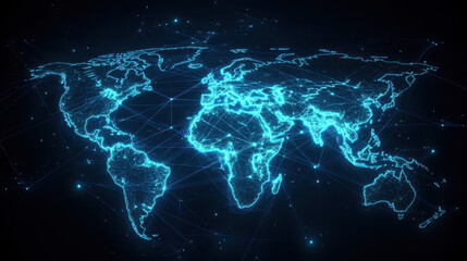 Wall Mural - abstract digital world map with glowing connections, in a blue color theme on a black background