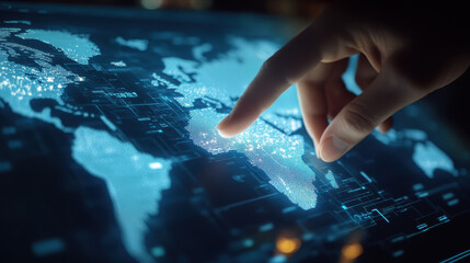 Wall Mural - close-up of a hand touching a digital map on a touch screen, a futuristic interface with a global ne