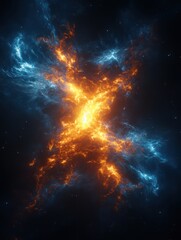 ethereal cosmic explosion of vibrant orange and blue nebula in deep space with twinkling stars and d