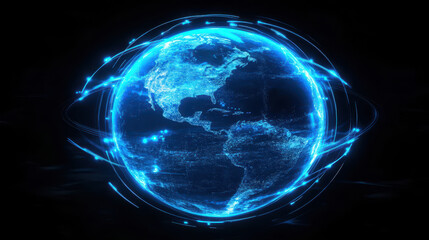 Digital blue glowing Earth globe with light beams and energy lines, a technology background for a global network concept