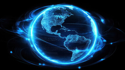 Digital blue glowing Earth globe with light beams and energy lines, a technology background for a global network concept