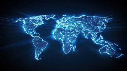 a digital world map glowing in blue light, representing global connectivity and technology's impact 