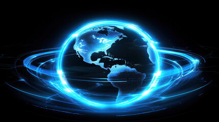 Digital blue glowing Earth globe with light beams and energy lines, a technology background for a global network concept