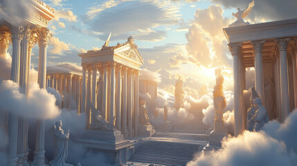 The heavenly city of the gods, with its white clouds, marble columns, and statues bathed in golden light