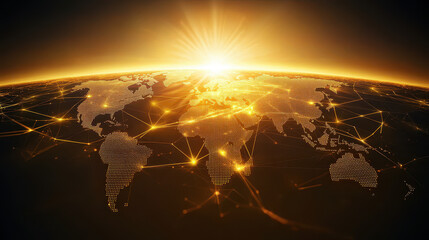 world map global network concept with golden sunlight in the sky background