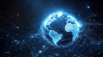 abstract digital blue earth with global network connections and data transfer in space on a dark bac