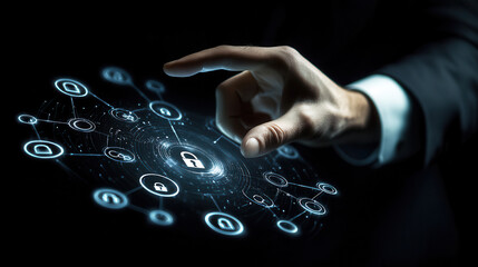 Wall Mural - businessman touching a digital security circle with icons on a virtual screen, a business technology