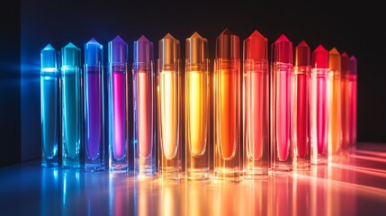 Colorful transparent containers arranged in a striking gradient display on a dark surface during an artistic showcase