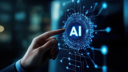 Wall Mural - businessman touching an ai icon with hologram text 