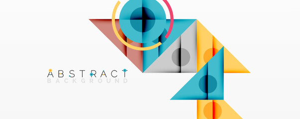 Wall Mural - Geometric abstract design with layered triangles, circles, and gradients, forming a structured pattern with sharp contrasts and depth