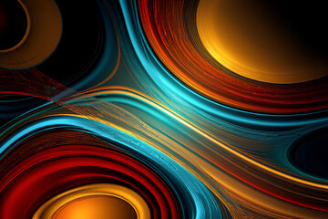 Poster - A vibrant abstract design featuring flowing curved lines and circles. Bold shades of blue, orange, and red intertwine against a dark backdrop, creating a dynamic and modern visual.