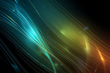 Poster - Abstract flowing lines of blue, green, yellow, orange hues on dark backdrop. Glow effect and wavy lines create dynamic feel.