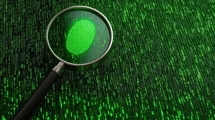 A magnifying glass highlights a green fingerprint on a background of binary code, symbolizing digital security and data analysis , Identity Theft Prevention.