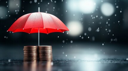 Leinwandbilder - A small red umbrella provides protection over a stack of coins, symbolizing financial security and privacy during uncertain and rainy conditions. The scene evokes themes of safeguarding assets.
