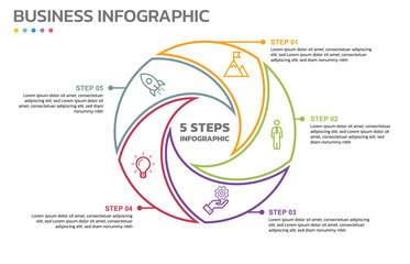 Poster - Visual data presentation. Cycle diagram with 5 options. Pie Chart Circle thin line infographic template with 5 steps, options, parts, segments. Business concept. Marketing infographic outline style.