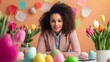 © Tobi - Hispanic businesswoman with a confident expression, studying financial data, workspace subtly brightened with tulips and Easter eggs