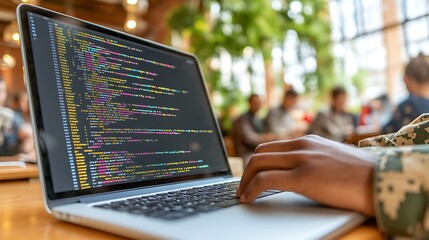 coder's hands on laptop displaying code in cafe.