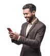 © kite_rin - Young businessman looking at smart phone isolated transparent PNG, Smiling handsome student man holding mobile phone