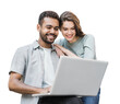© kite_rin - Beautiful happy young couple using laptop computer isolated transparent PNG. Joyful smiling woman and man looking at notebook. Love, travel, tourism, students lifestyle concept