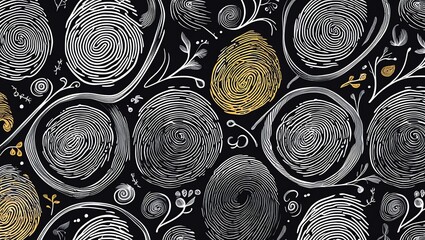 Wall Mural - whimsical fingerprint swirls: a black and white abstract design with gold accents