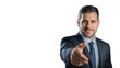 © Evodigger - Businessman smiling and extending hand for handshake,white banner,copy space,positive perspective