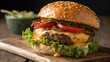 © VectorEngraveHalfton - Large beef hamburger with lettuce and cheese on a bun, placed on a wooden cutting board.