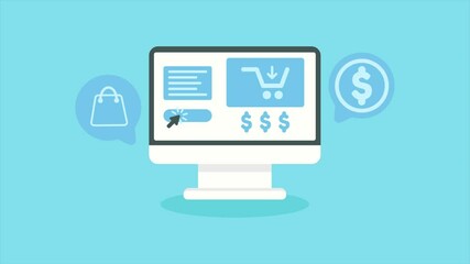 Monitor screen animation with shopping web display, make lots of money and business. Loop animation in flat design style