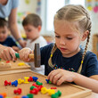 © Inspire Shots Hub - Young girl with blond braids uses hammer to insert colorful plastic pegs into corkboard, showcasing early childhood development, learning, and fine motor skills development