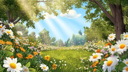 Wall Mural - a bright and cheerful wildflower meadow with white blossoms glowing under golden sunlight.