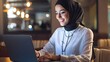 © Top Stock 4u - Muslim woman laptop hijab working business online cafe technology remote work computer internet smiling
