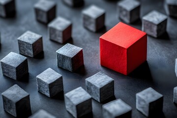 red cube among grey cubes abstract concept image