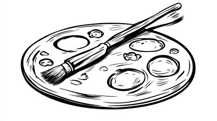 A minimal black-and-white vector of an artist’s palette with simple round paint spots and a sleek paintbrush crossing over it.