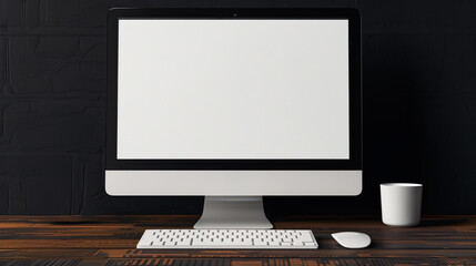 Wall Mural - elegant workspace: a sleek desktop computer with a bright screen, a minimalist keyboard, and a mouse
