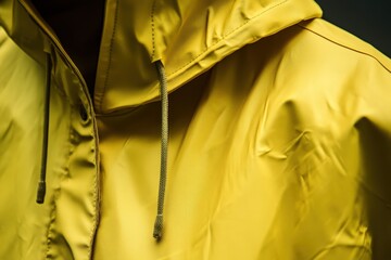 a yellow raincoat with a hood and drawstring detail is presented