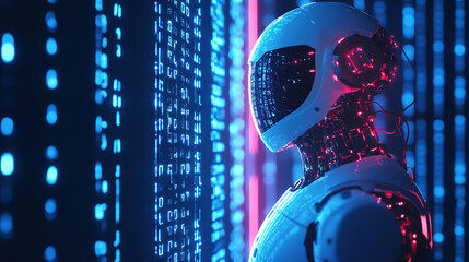 Futuristic robot standing before a digital code wall, illuminated by neon blue and pink lights.  High-tech, artificial intelligence concept.