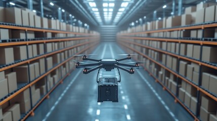 Leinwandbilder - A drone equipped with a cargo container navigates through a spacious warehouse filled with organized shelves of boxes, facilitating inventory sorting and fulfillment processes.