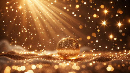Wall Mural - gold background with rays of light and stars, sparkles and stardust, graphic abstract backdrop