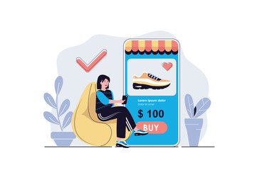 Poster - Online shopping web concept with cartoon people design. Woman choosing new shoes, making purchases at discount prices, ordering goods in app. Flat vector illustration isolated on white background.