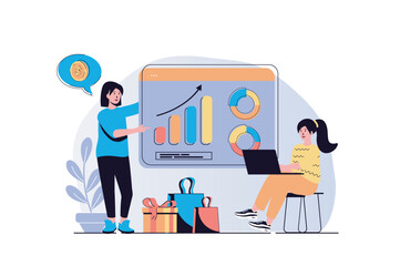 Aufkleber - Sales performance web concept with cartoon people design. Women making financial graph analysis, work with business statistics presentation. Flat vector illustration isolated on white background.