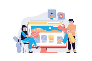 Fototapete - Web design concept with cartoon people design. Man and woman programming and creating site layout with content organization, elements placement. Flat vector illustration isolated on white background.