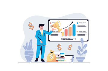 Fototapete - Business award web concept with cartoon people design. Man celebrating victory with trophy cup, achieving financial growth and earning money. Flat vector illustration isolated on white background.