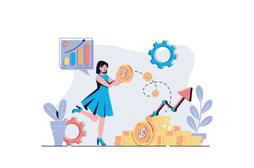 Poster - Investment web concept with cartoon people design. Woman investing her savings and personal finances in new business project, earning money. Flat vector illustration isolated on white background.